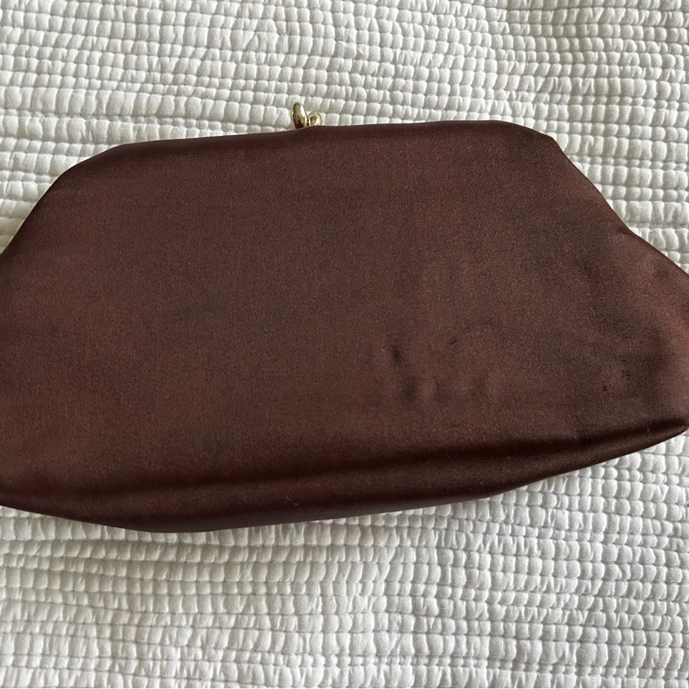 Burgundy/Brown Vintage Satin Clutch Purse with Gold Chain Detail & Coin Pouch - Picture 9 of 12